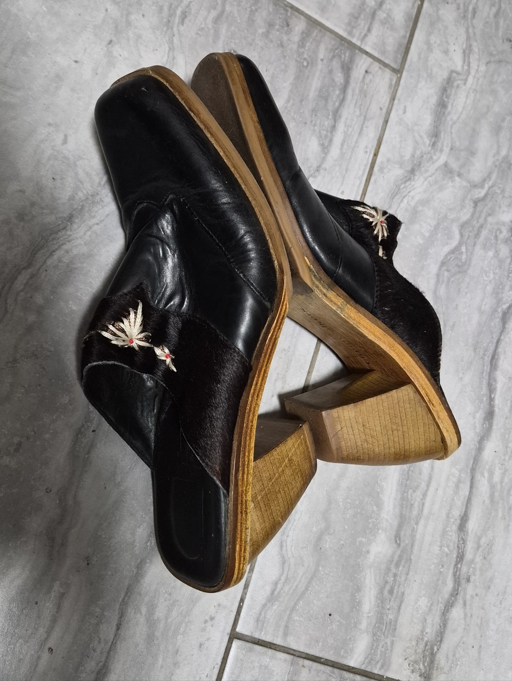 Cloudwalkers Planet Black Leather Mules Western Wooden-Heel Slip-On SZ 9M - Picture 16 of 16